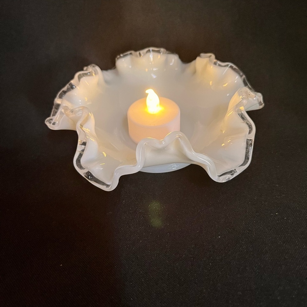 Fenton Silver Crest White Milk Glass Double Ruffled Edge 6” Bowl Vintage Dish